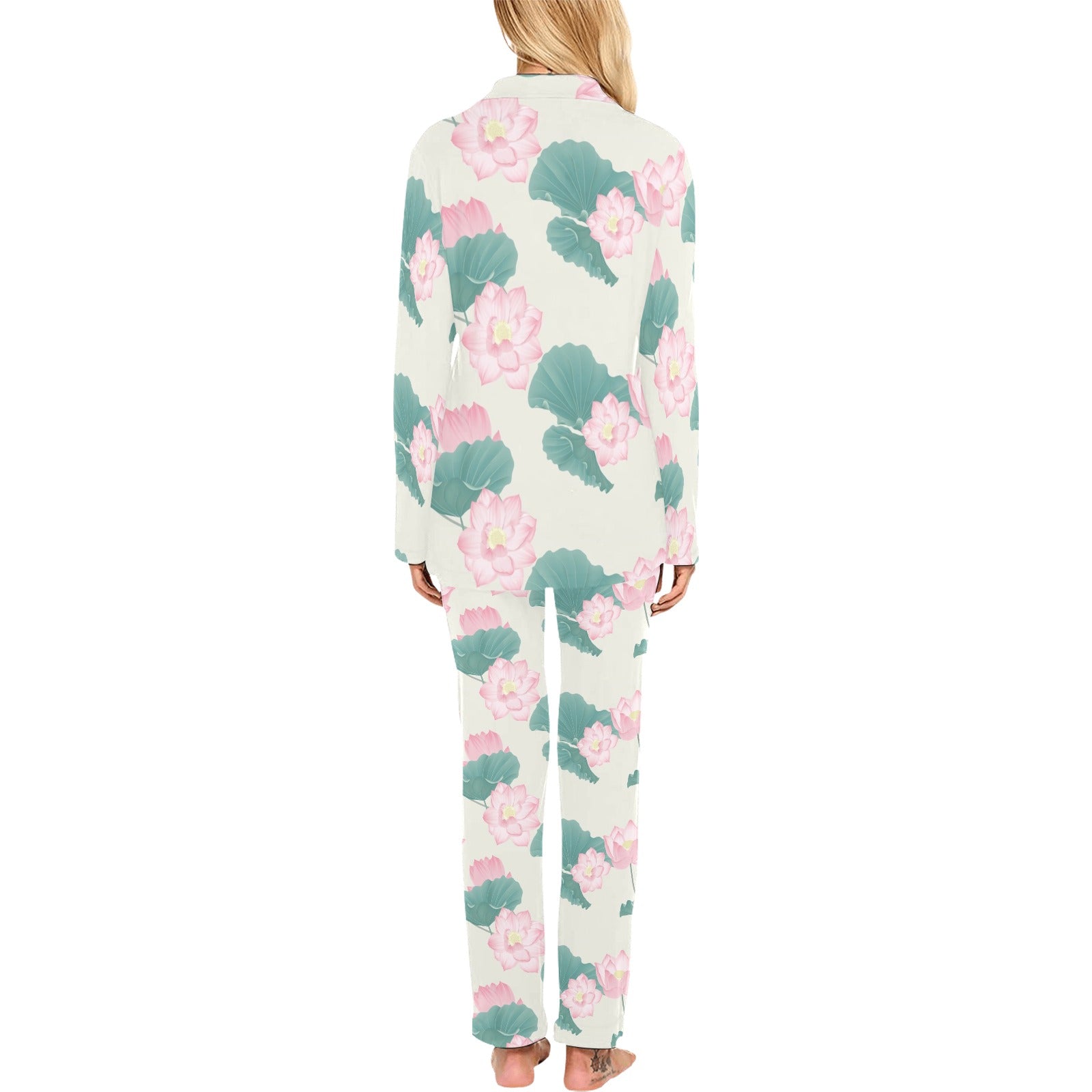 Pink lotus waterlily leaves pattern Women's Long Pajama Set