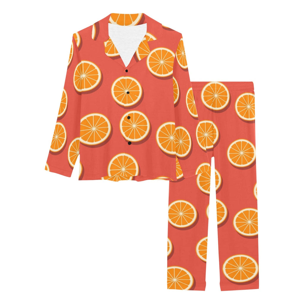 Oranges pattern red background Women's Long Pajama Set