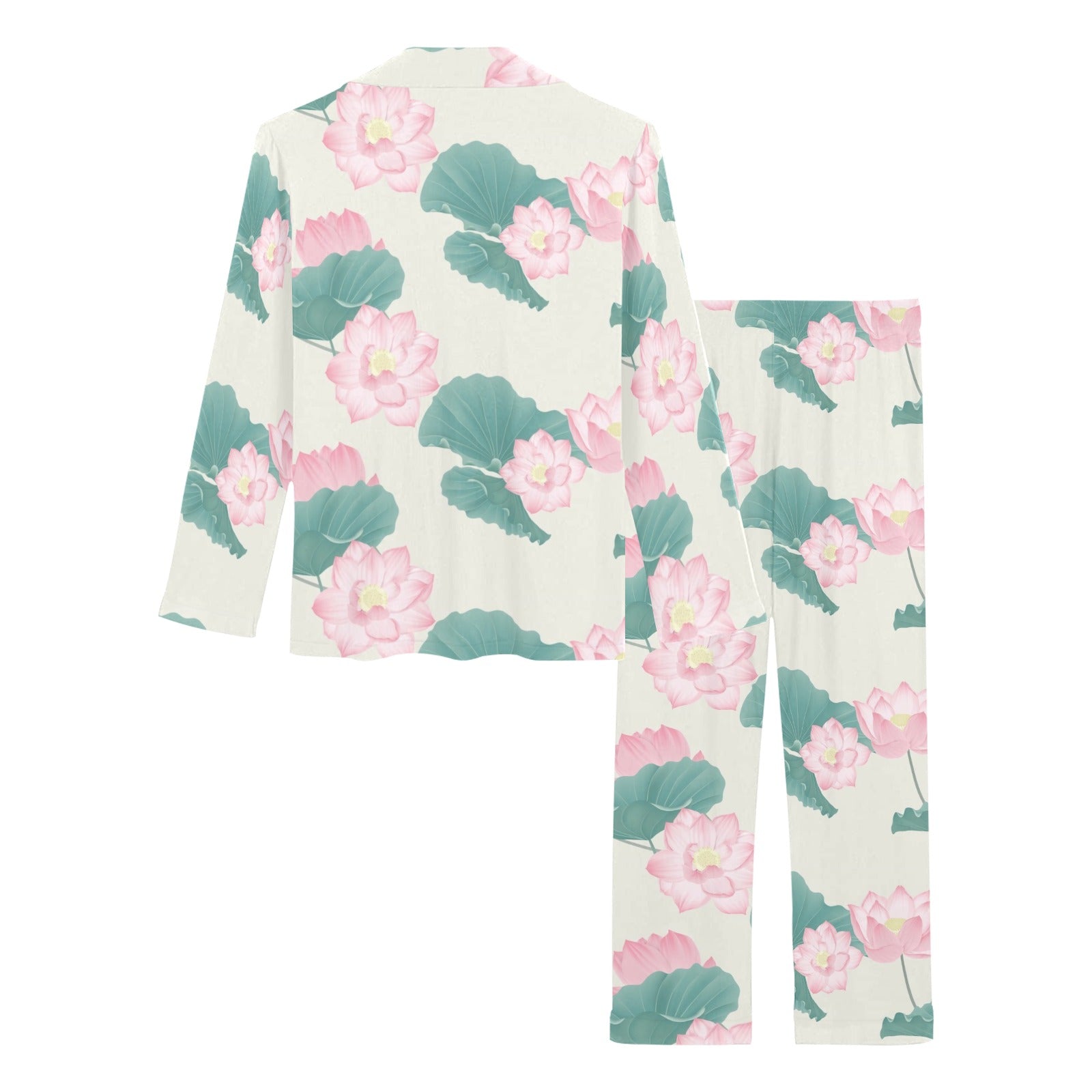 Pink lotus waterlily leaves pattern Women's Long Pajama Set
