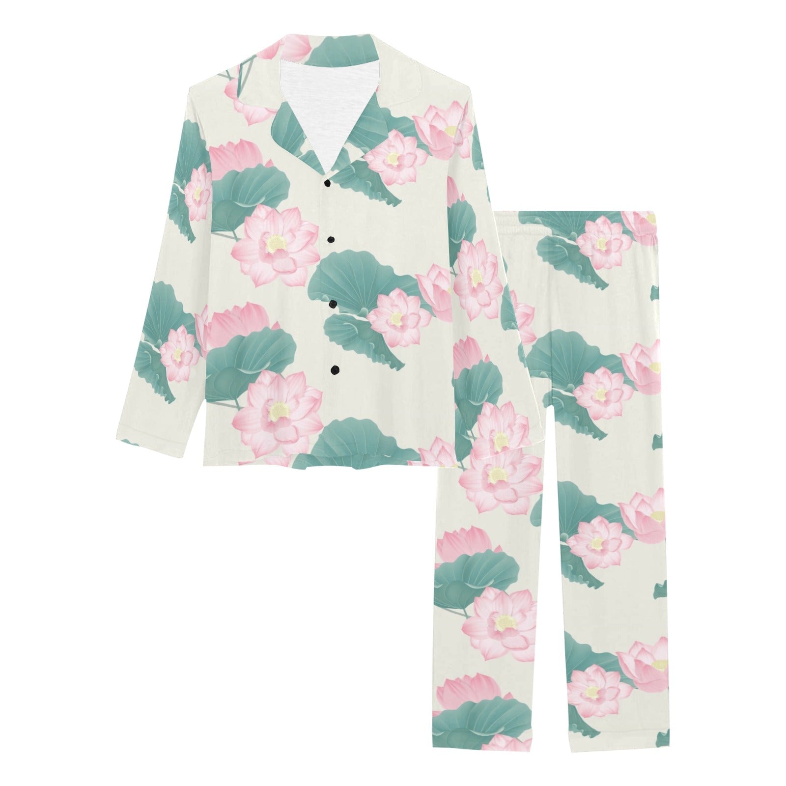 Pink lotus waterlily leaves pattern Women's Long Pajama Set