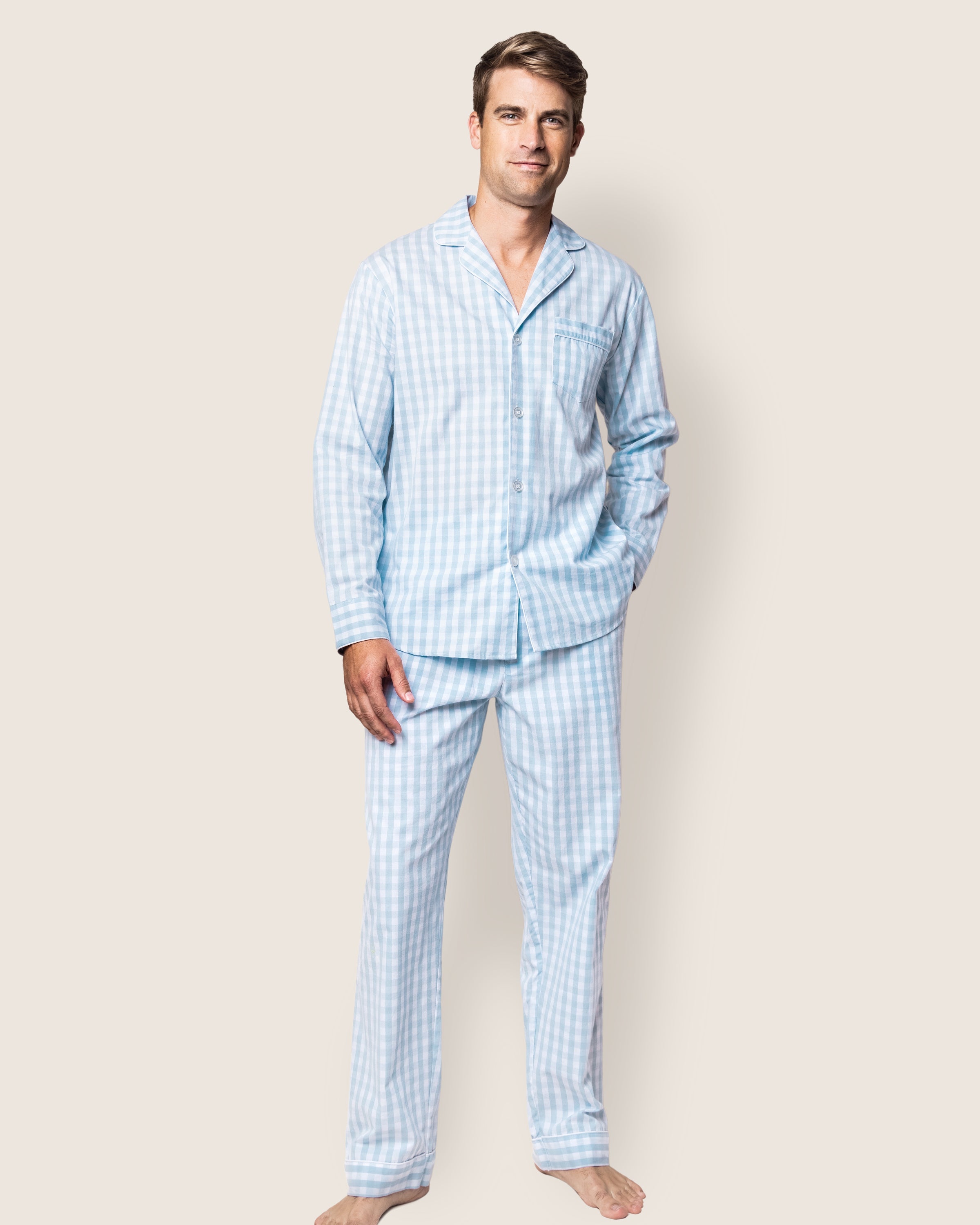 Men's Twill Pajama Set in Light Blue Gingham