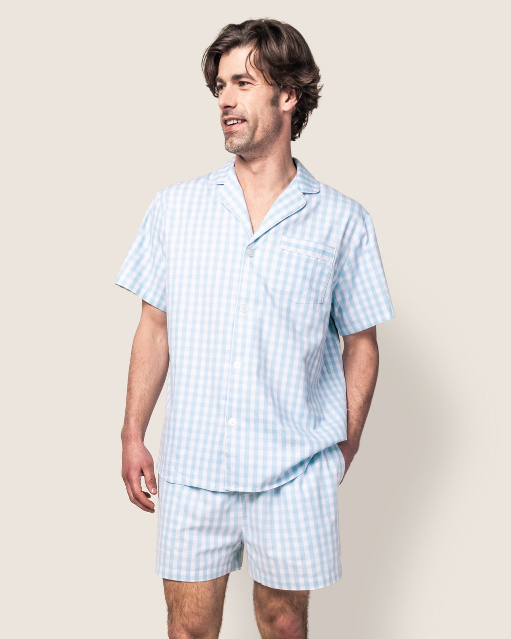Men's Twill Pajama Short Set in Light Blue Gingham