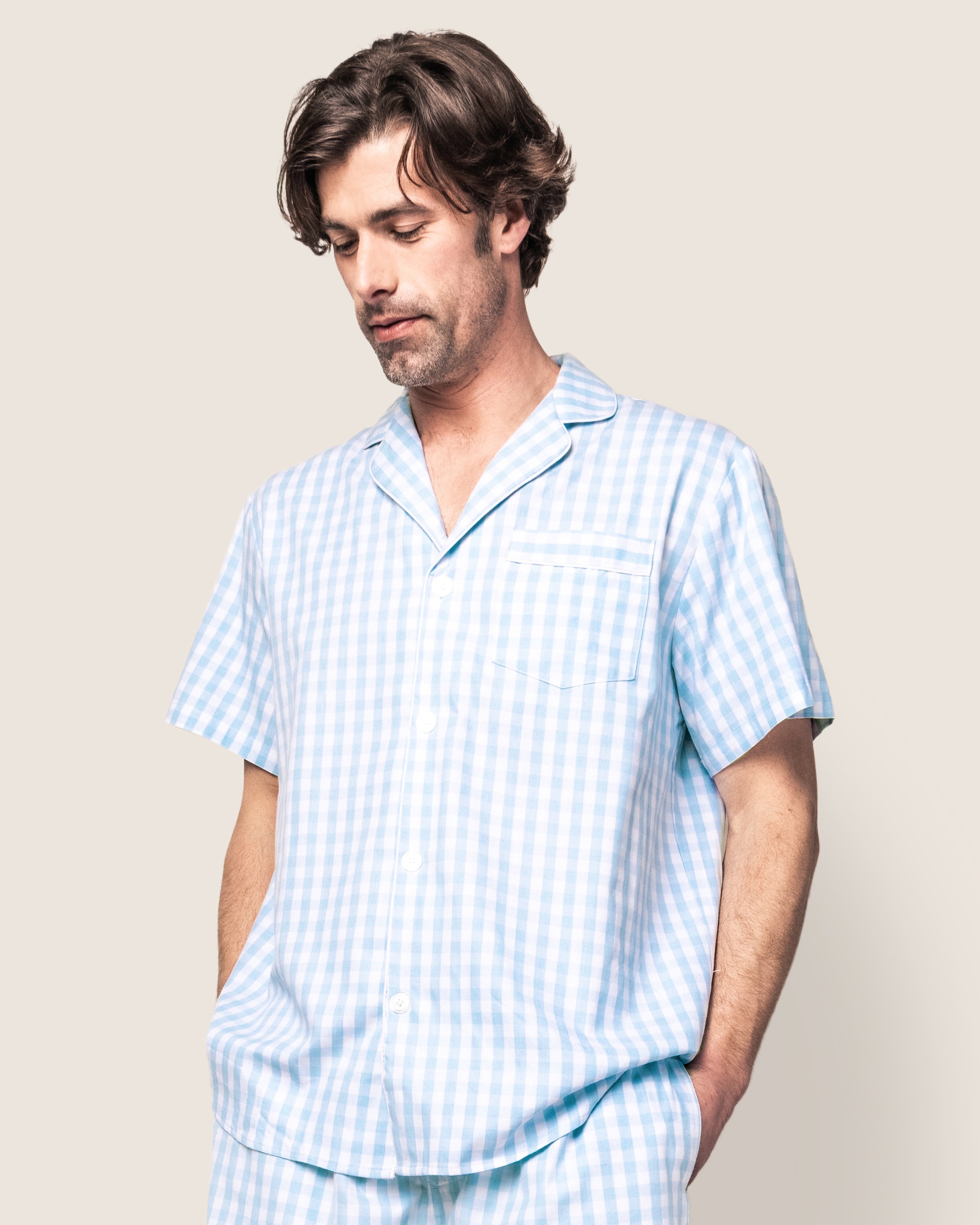 Men's Twill Pajama Short Set in Light Blue Gingham