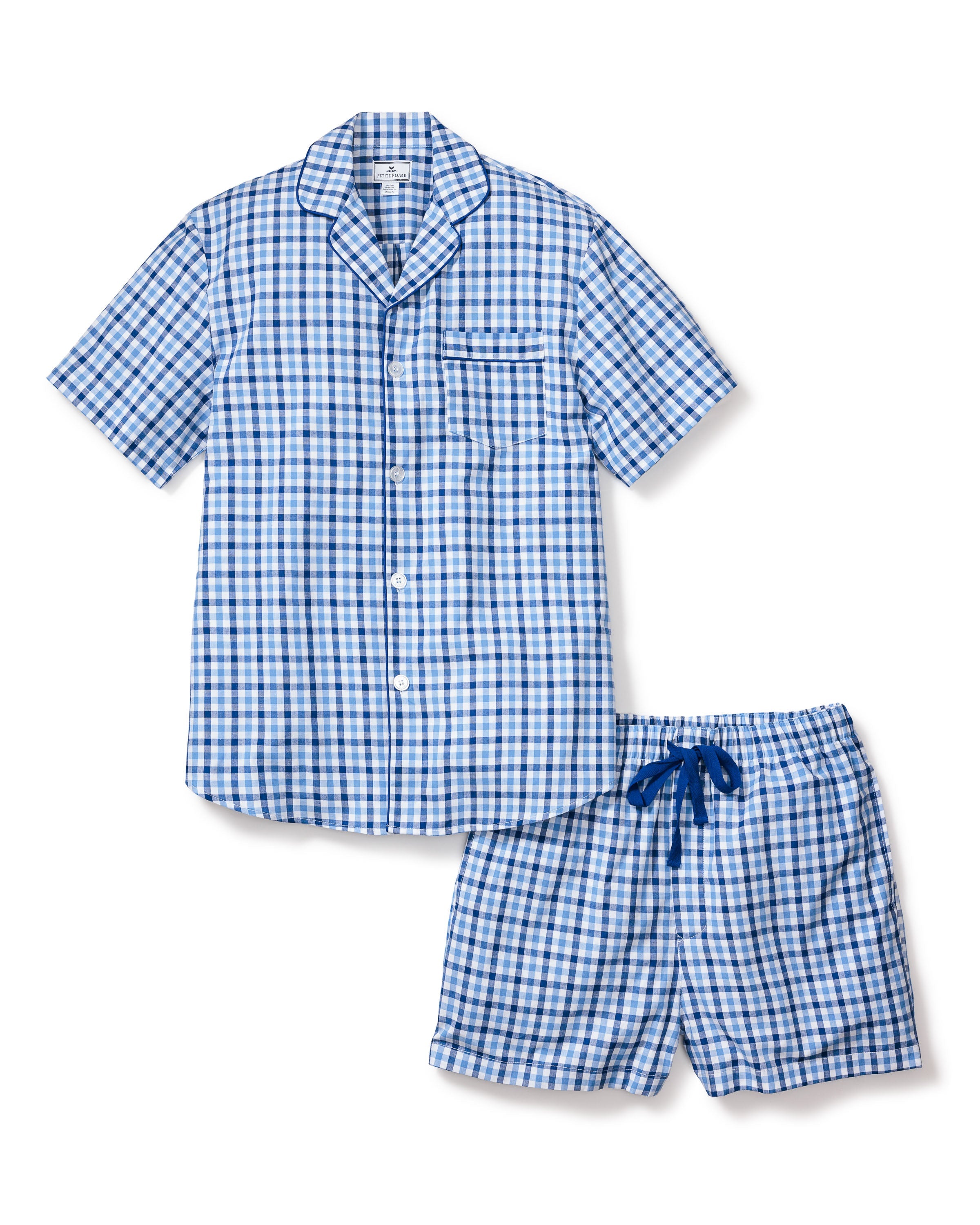 Men's Twill Pajama Short Set in Light Blue Gingham