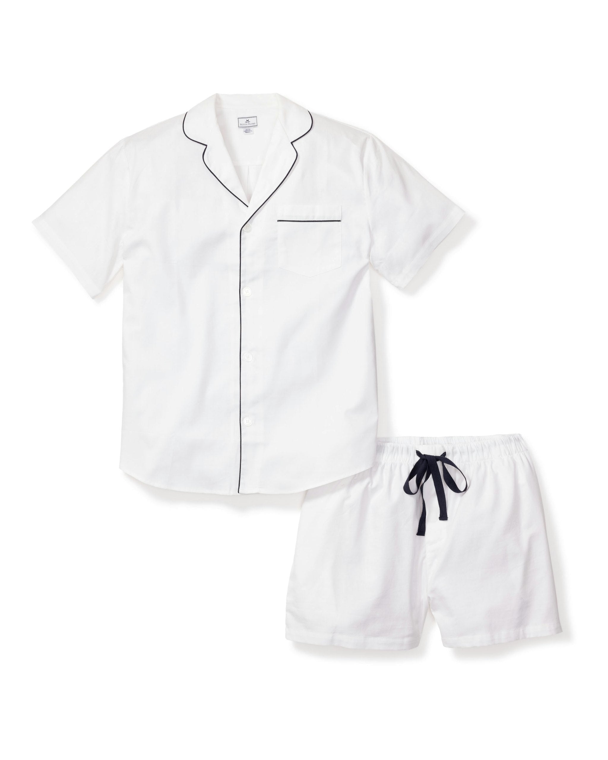 Men's Twill Pajama Short Set in White with Navy Piping