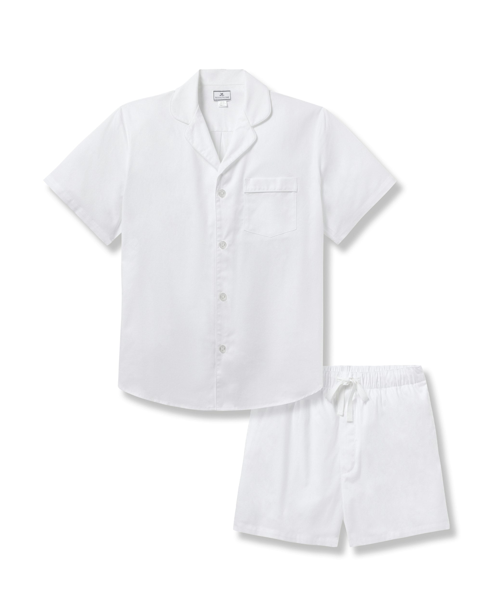 Men's Twill Pajama Short Set in White with Navy Piping