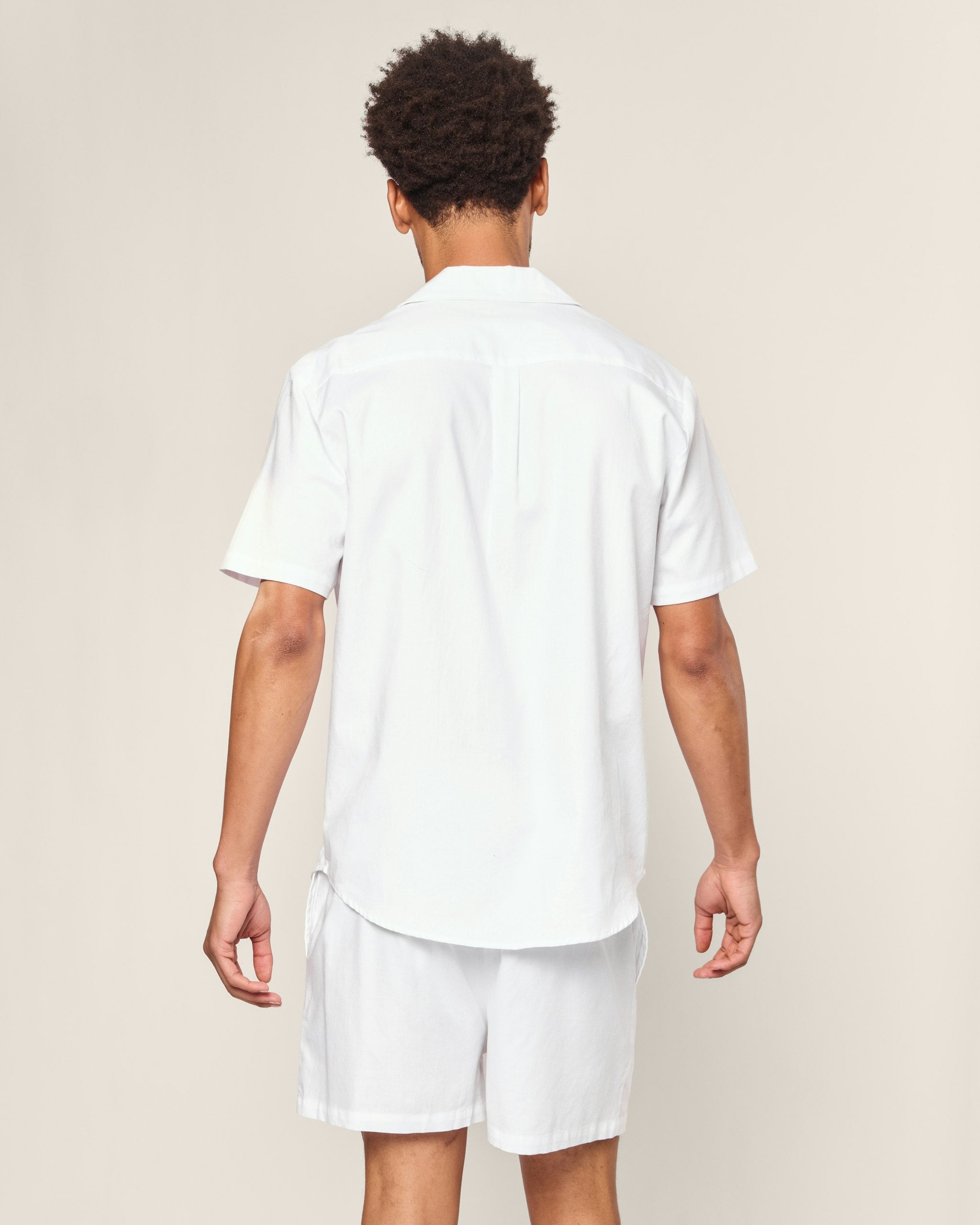 Men's Twill Pajama Short Set in White with Navy Piping