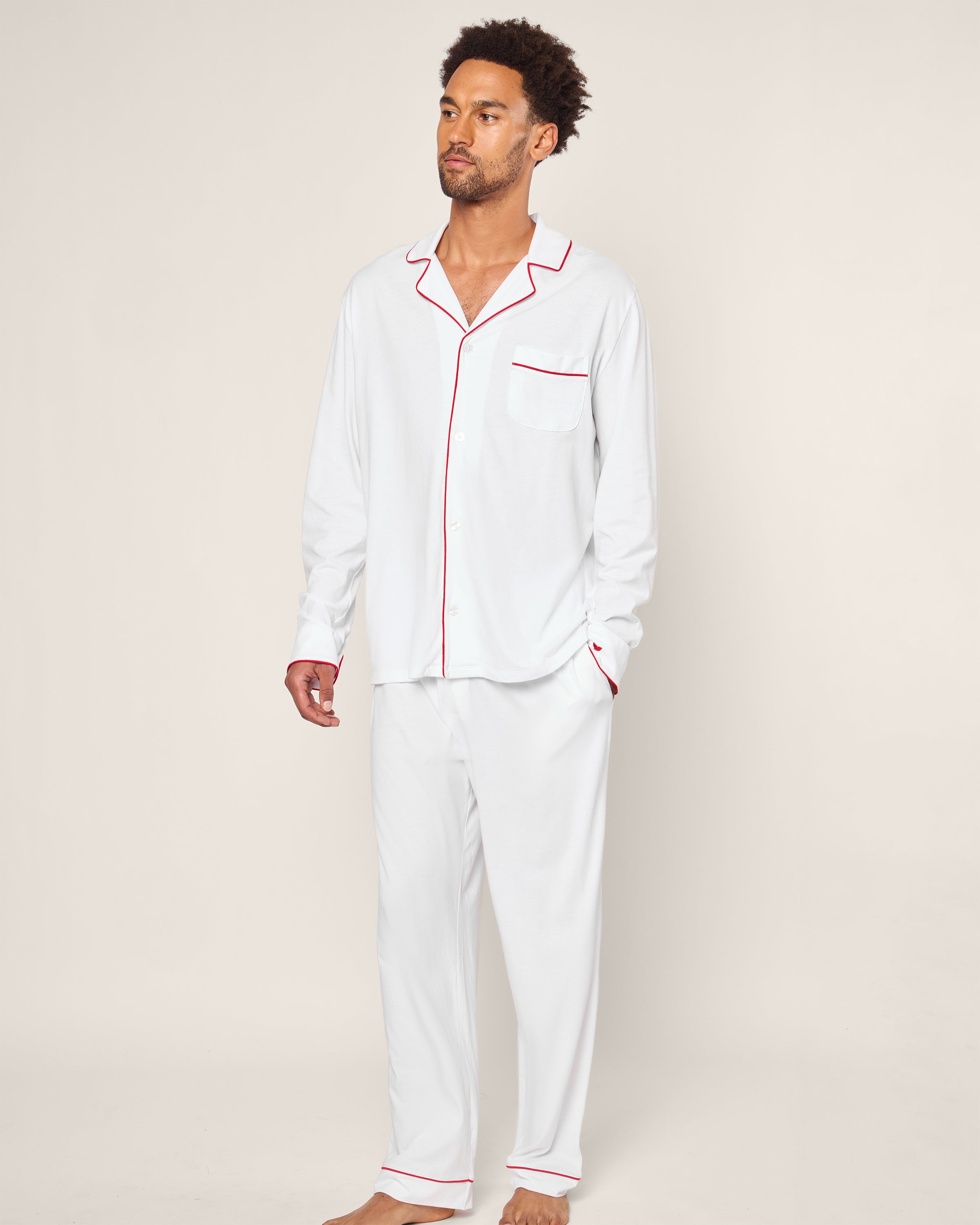 Men's White Pima Pajama Set with Red Piping