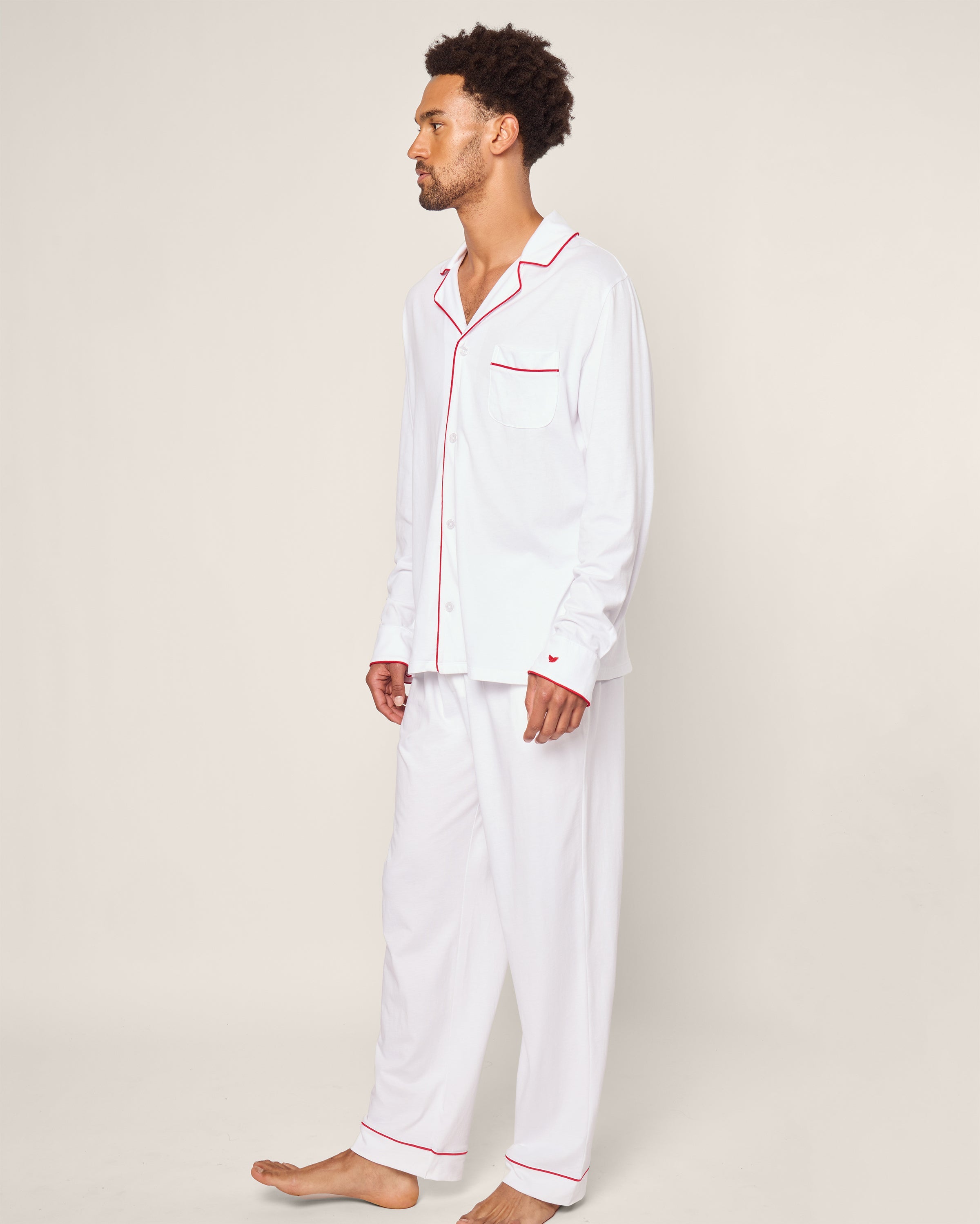 Men's White Pima Pajama Set with Red Piping