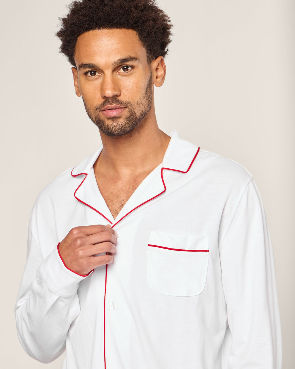 Men's White Pima Pajama Set with Red Piping