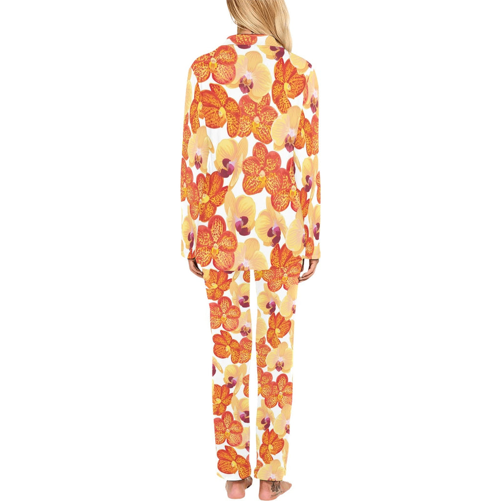 Orange yellow orchid flower pattern background Women's Long Pajama Set