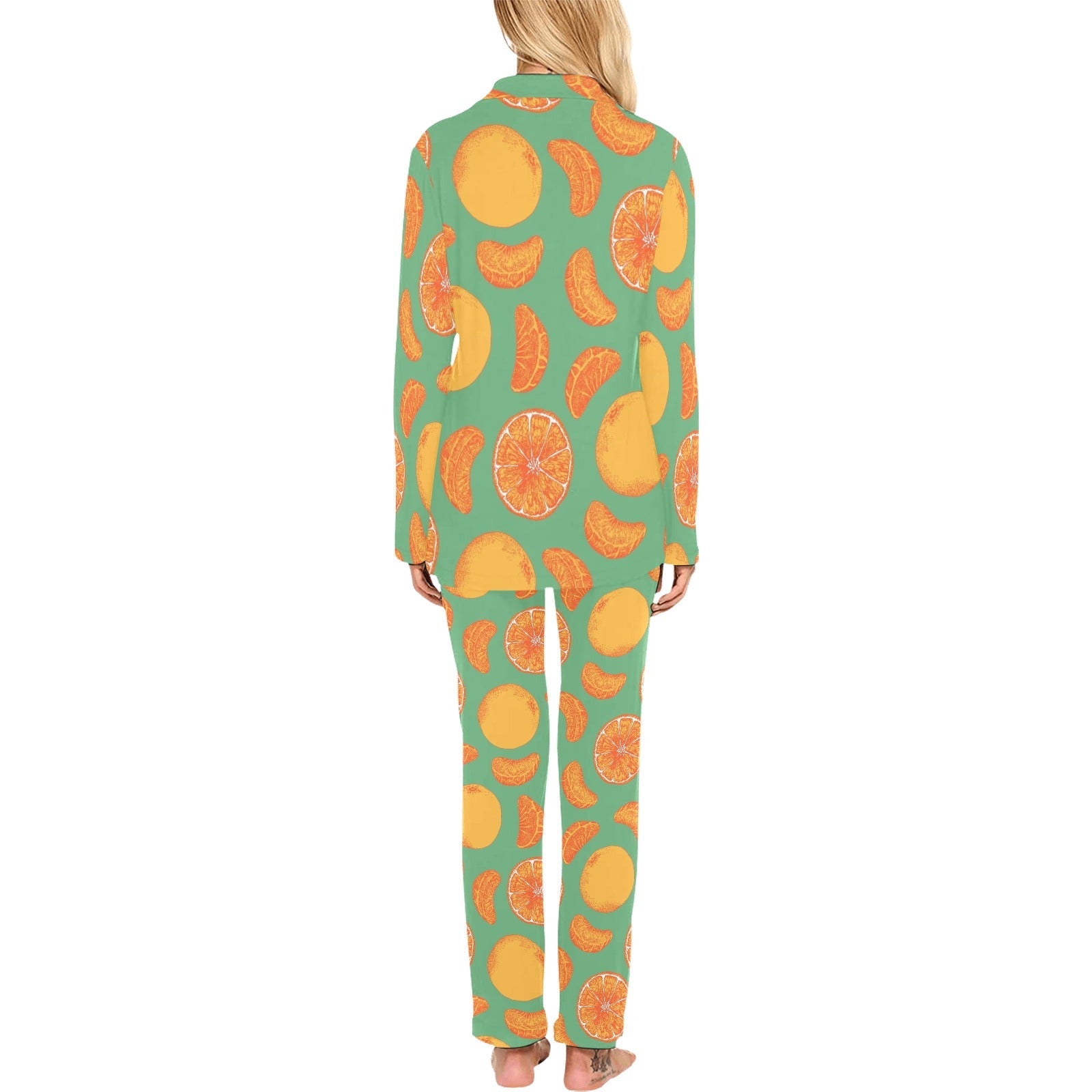 orange fruit pattern green background Women's Long Pajama Set